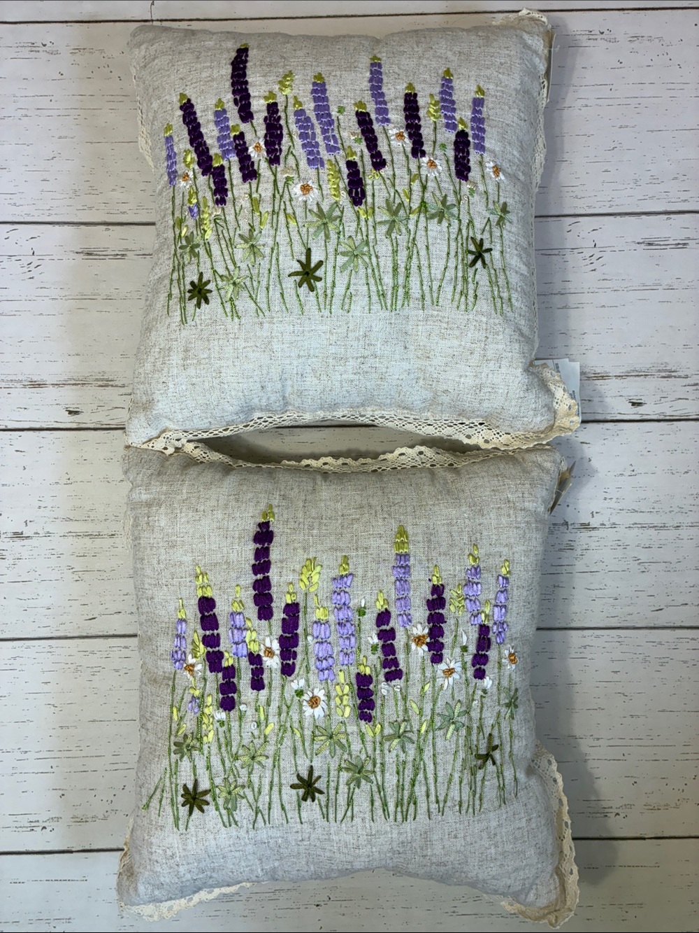 Set of 2 Ashland Lavender/Purple  Embroidered Floral Pillows w/Crochet Trim, NWT